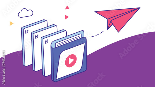 Folder with play button and documents with checkmarks and paper airplane