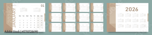 Vector layout of a wall or desktop calendar for 2026 with the date of the beginning of the week on Monday. 2026 Calendar Planner Set of Template 12 Monthly Page. Vector EPS 10.