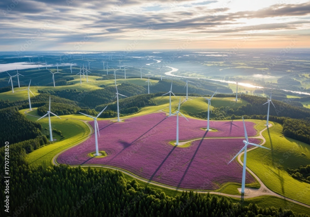 Obraz premium Vast wind farm towers stand amidst rolling hills and lavender fields