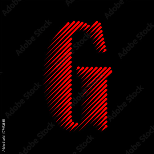 Vibrant red letter g with a striped pattern against a stark black backdrop design element