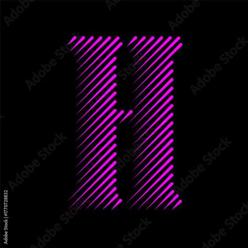 Vibrant purple letter h with a striped pattern against a stark black backdrop design element