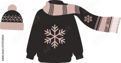 Winter clothing set illustration, sweater scarf beanie design, snowflake pattern apparel vector, cozy seasonal fashion artwork, warm knitted outfit graphic, modern