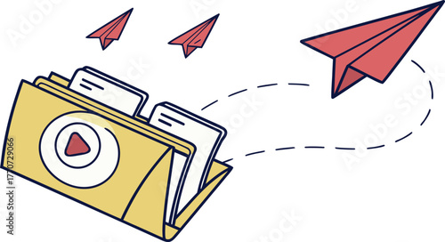 Yellow folder with play button and flying paper airplanes