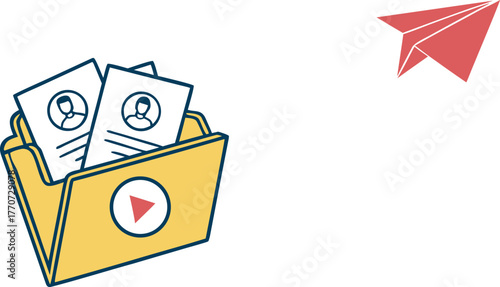 Yellow folder with profile documents and a paper airplane
