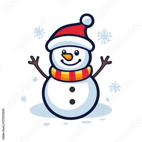 Vector image of a snowman wearing a hat and scarf, flat design,  bold, friendly colors, seasonal decoration
