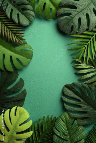 Tropical green leaves border on textured teal background with frame of varied leaf shapes