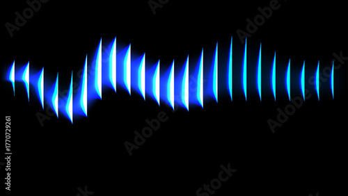 Dynamic abstract sound wave or equalizer graphic featuring angular, segmented blue and white neon light bars that pulse across a solid black background.