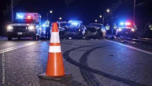Nighttime car accident scene with a wrecked vehicle, police cars, and an ambulance with flashing emergency lights