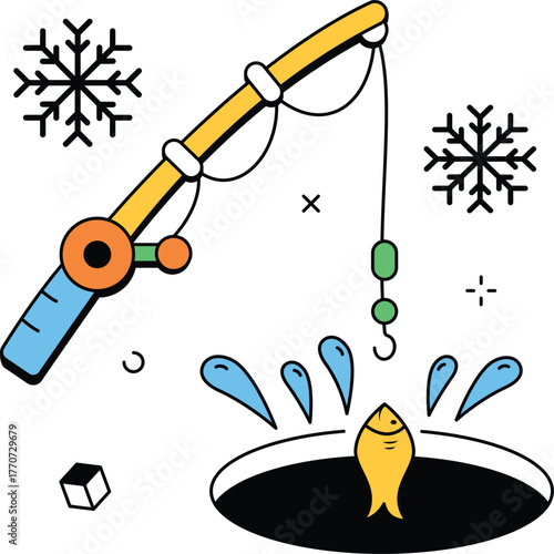 Winter catch fishing rod with fish and splash isometric flat vector illustration