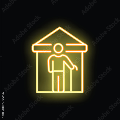 Yellow glowing neon icon of an elderly man using a walking stick, standing inside his house