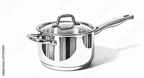 Detailed metallic saucepan with glass lid, kitchen utensil