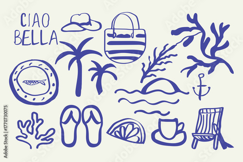 Set of blue summer beach icons with palm trees sun and ocean elements