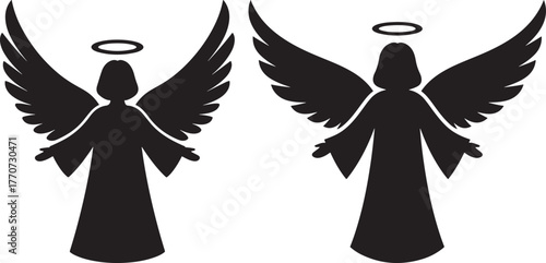 Two black angel silhouettes with wings and halos facing forward