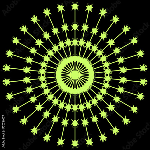 A luminous burst of lime-green energy radiates outward in perfect symmetry, resembling a cosmic flower blossoming within the vast darkness.