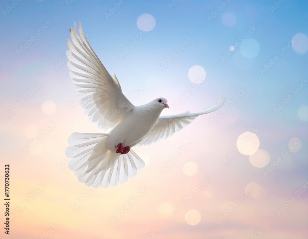 Obraz premium White dove in soft bokeh sky