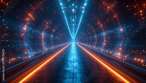 Abstract digital tunnel with glowing lights