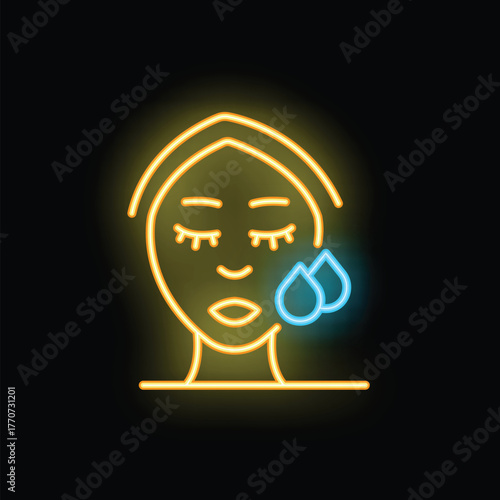 Yellow and blue neon sign representing the face of a sad woman with closed eyes and tears falling from one eye, on black background