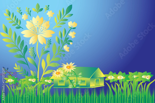 House surrounded by flowers and grass in a garden landscape illustration