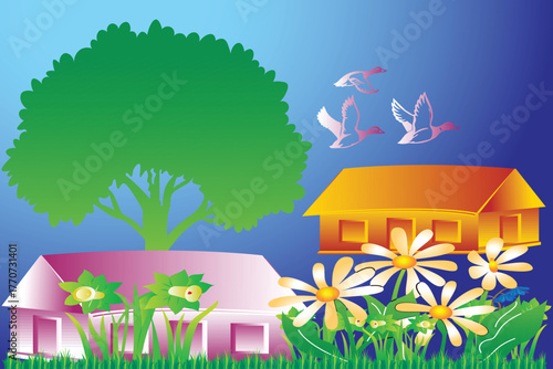 The cozy house with a red roof stands on a hill overlooking a vibrant summer landscape with trees, flowers, and a clear sky, available as a cartoon vector illustration