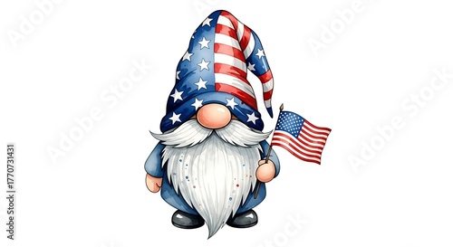Watercolor gnome with american flag isolated on white background patriotic gnome wearing a hat with usa flag 4th of july independence day gnome illustration