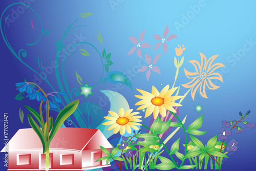 Beautiful house with blooming flowers and butterflies