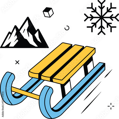 Winter sledding fun with snowy mountains adventure isometric flat vector illustration
