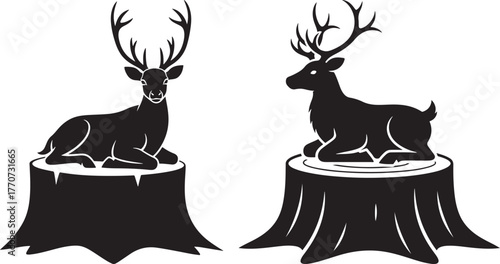 Two majestic reindeer silhouettes seated on tree stumps with antlers silhouette