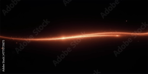 Abstract glowing orange light streak against a dark black background with subtle particles