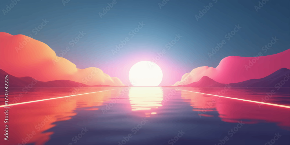 Obraz premium Surreal landscape with a glowing archway over a reflective body of water at sunset