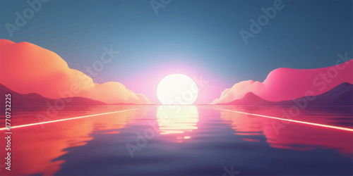 Surreal landscape with a glowing archway over a reflective body of water at sunset
