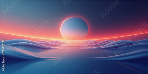 Surreal otherworldly landscape with glowing oval portal and vibrant sunset over abstract water