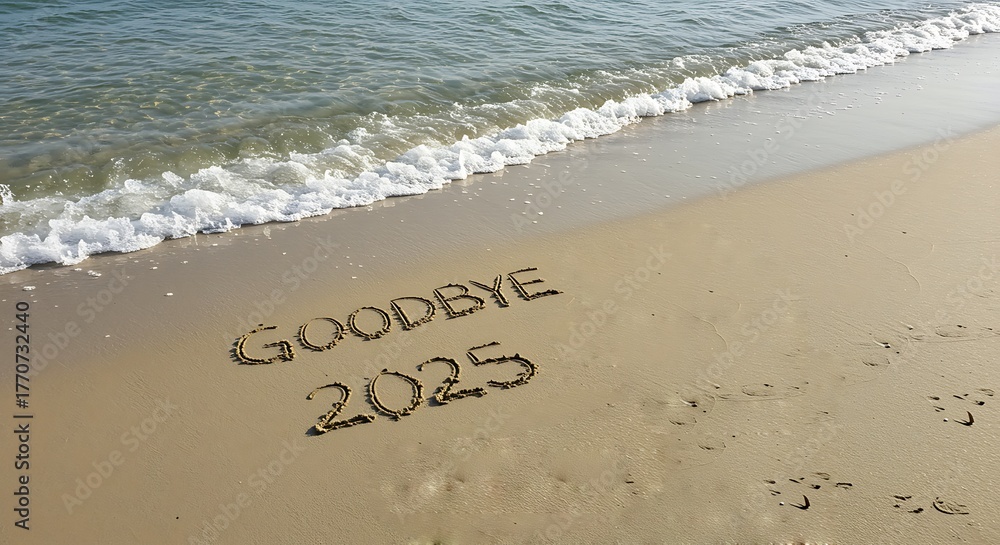 Fototapeta premium Goodbye 2025 written in sand on a beach with waves approaching