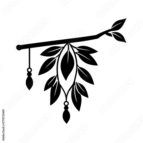 magic twig with dangling amulets and leaf decorative vector art