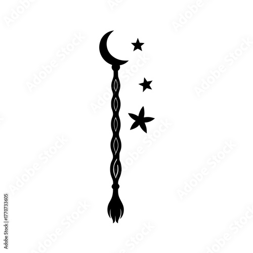 witch wand made from twisted wood and hanging moon