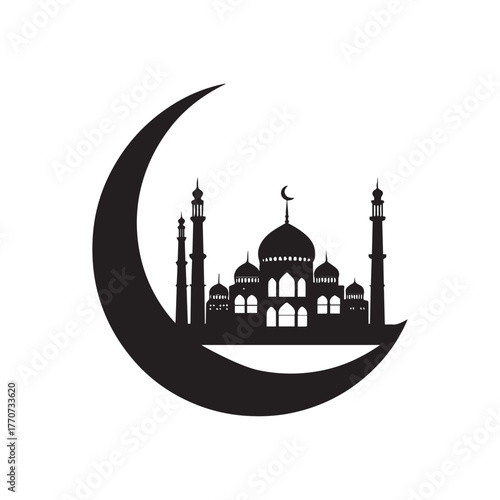 Stylized Black and White Mosque Illustration with Large Domes, Minarets, and Crescent Moon Motifs – Architectural Symmetry and Islamic Design