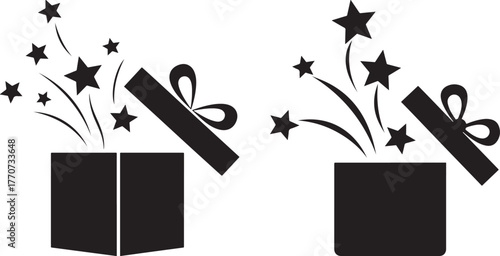 Two open gift boxes releasing stars and confetti silhouette