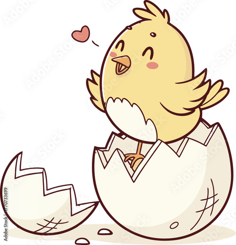 Cute baby chick hatching from egg cartoon vector.