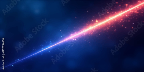 Diagonal beam of red and blue light streaks across a dark blue abstract background with glowing particles