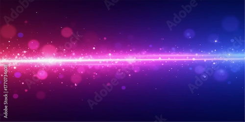 Abstract glowing light streak with bokeh particles in vibrant pink and blue hues on a dark background