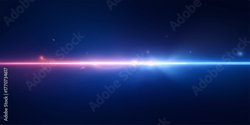 Abstract glowing neon light streak across a dark blue background with lens flare effect