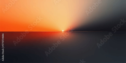 Vibrant sunset over calm water with abstract pixelated gradient effect and horizon line