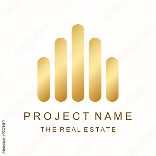 Gradient gold real estate or house logo on isolate background, prefabricated house icon.