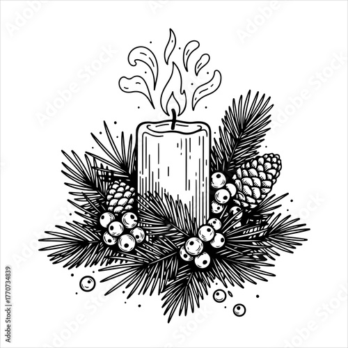 A hand-drawn, black and white illustration of a festive candle surrounded by pine branches, cones, and berries.