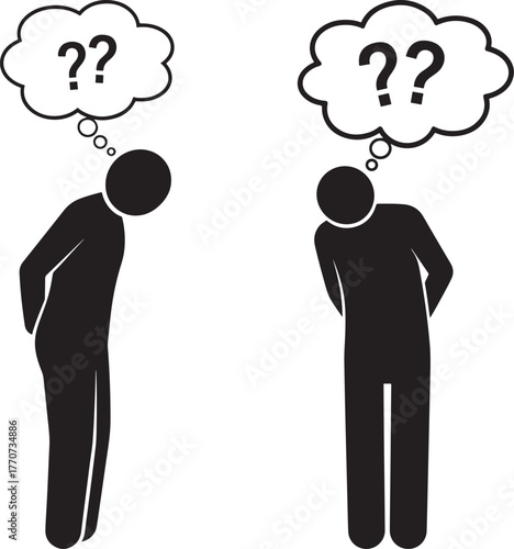 Two figures in silhouette pondering questions with question marks in thought bubbles