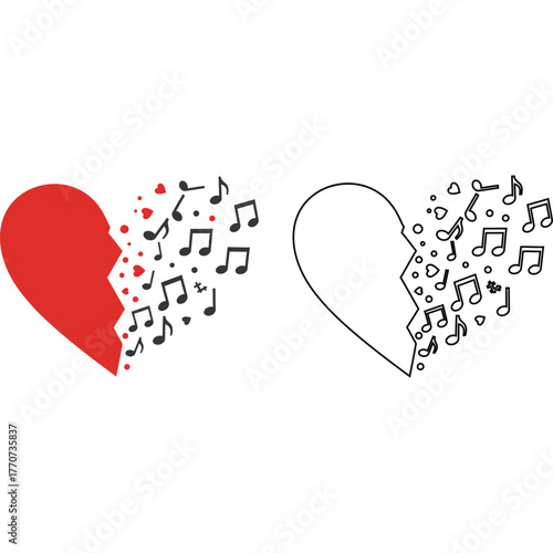 Broken Heart with Music Notes and Hearts Illustration heartbreak love musical melody song valentine symbol