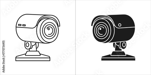 Security camera icon set, depicting both a line art version and a solid black version