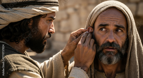 Jesus Christ performing a healing miracle by touching a man's ear. A close-up biblical scene from the New Testament depicting faith and divine power
