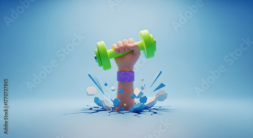 Dumbbell Hand Strength Fitness Breakthrough Blue Background Copy Space