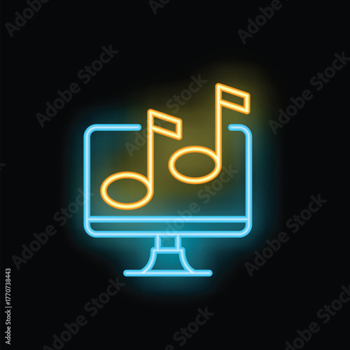 Neon icon of a computer screen displaying music notes, representing the concept of online music streaming