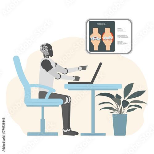 Robot analyzing medical data on laptop with AI healthcare concept background